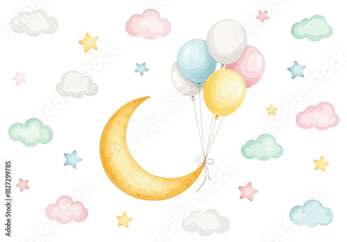 Watercolor illustration of a crescent moon holding a bunch of pastel balloons with soft clouds and stars