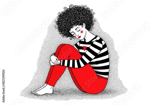 Sad young woman with curly hair sitting alone hugging her knees with a small heart on her shirt