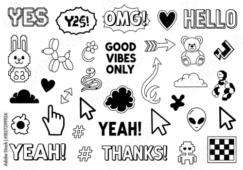 Collection of black and white doodle stickers with various cute and fun phrases, icons, and symbols