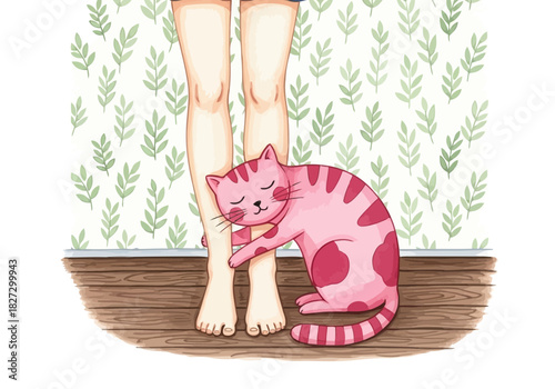 Cute pink striped cat hugging a persons legs affectionately in a sweet watercolor illustration style