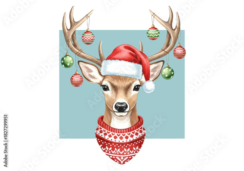 Watercolor illustration of a cute deer wearing a red santa hat and knitted scarf with christmas ornament decoration on antler