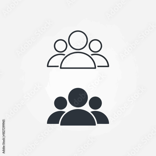 Set of two simple icon designs representing a group of people or team, one outline and one solid silhouette