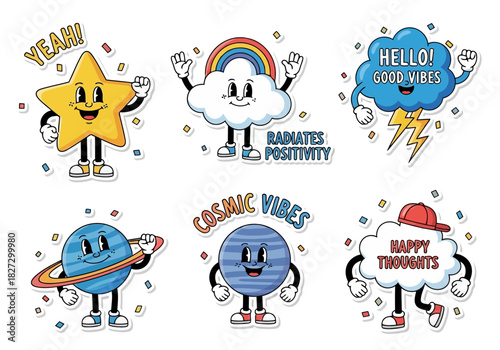Set of six retro cartoon stickers featuring happy celestial bodies like star, cloud, rainbow, and planet with positive slogans