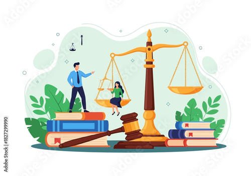 Illustration of justice concept with a large scale, gavel, and stack of law book featuring tiny businessman and woman
