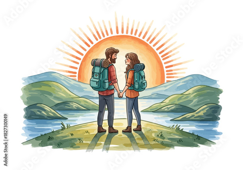 Couple of hikers with backpack standing on hill overlooking lake and mountains during bright sunrise or sunset