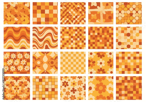 Collection of twenty retro seamless patterns in shades of orange, brown, and yellow, featuring geometric and floral designs
