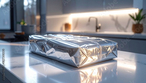 Silver Wrapped Gift on Kitchen Counter with Modern Design Elements