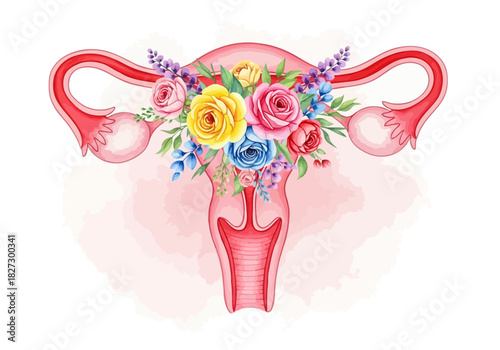 Watercolor illustration of a uterus adorned with a colorful bouquet of blooming spring flowers