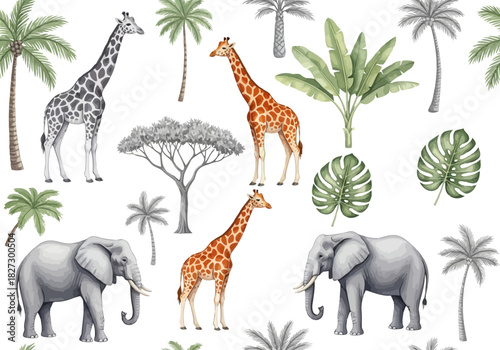 Watercolor seamless pattern with cute giraffes and elephants in safari jungle with tropical palm tree and foliage