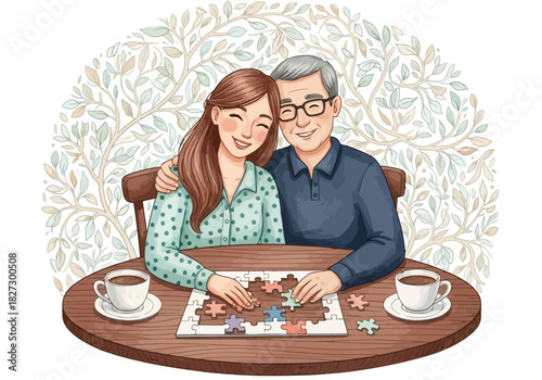 Happy middle aged father and adult daughter sitting at a table together enjoying a jigsaw puzzle and coffee