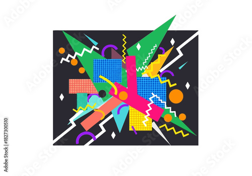 Vibrant abstract geometric composition in memphis style with bold shapes, lines, and patterns on a dark background