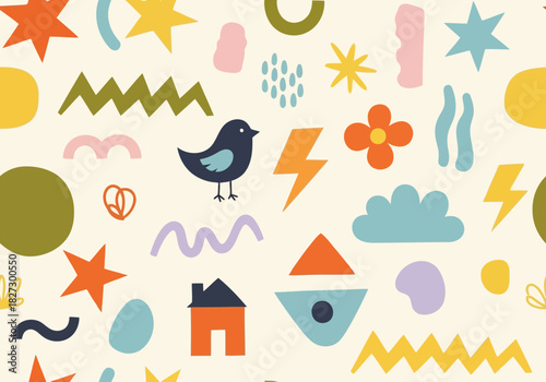 Seamless pattern with cute abstract shapes, bird, house, flower, and lightning bolt on light background