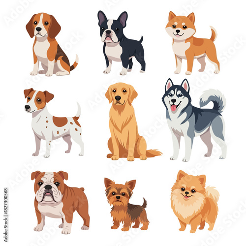 Collection of nine different cute dog breeds cartoon characters sitting and standing