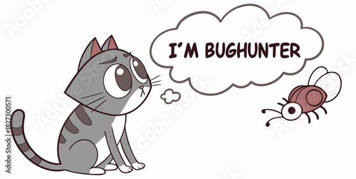Adorable cartoon cat imagines itself as a mighty bughunter, ready to pounce on the next fly with playful determination and a touch of sweet charm