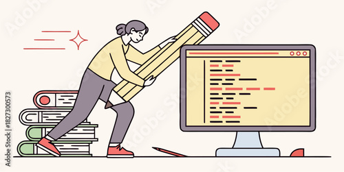 Creative coder writing code with a giant pencil, bringing ideas to life with programming, coding innovation, modern tech solutions for web development