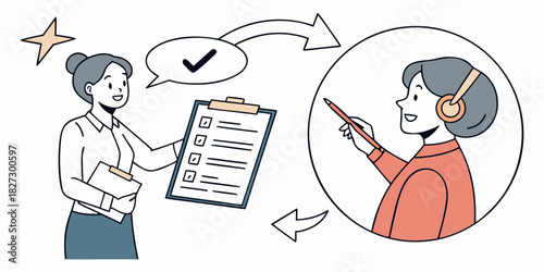 Streamlined business workflow: Businesswoman overseeing call center agent tasks with checklist for smooth operations, efficiency, and productivity increase