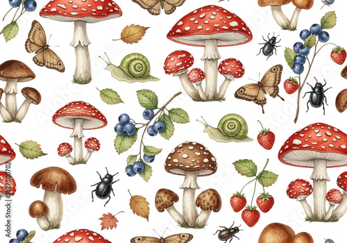 Seamless pattern with watercolor illustration of red and brown mushroom, butterfly, snail, berry, and insect on