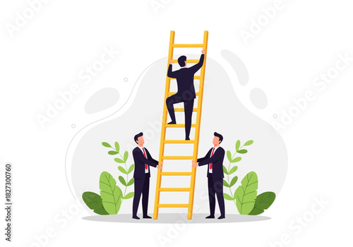 Business concept of career growth and success with one man climbing a tall yellow ladder while two colleagues support it on a