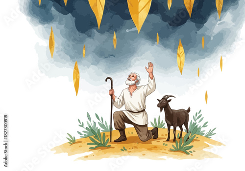 Elderly man with a beard and cane kneeling in prayer as golden leaves or objects fall from a dark, stormy cloud above him, accompanied by a goat