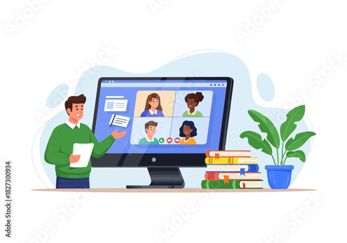 Young male teacher conducting an online video conference meeting or remote class lesson with diverse students on computer screen