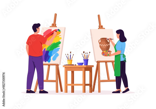 Two artist painting on easel in studio, man drawing abstract color, woman drawing pottery vase