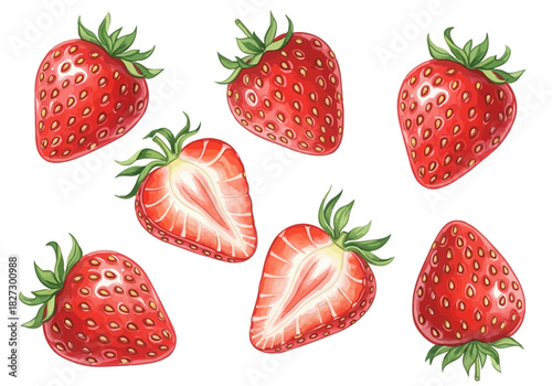 Set of watercolor painted strawberries, whole and halved