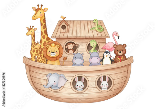Cute watercolor illustration of noahs ark filled with adorable cartoon animal pairs