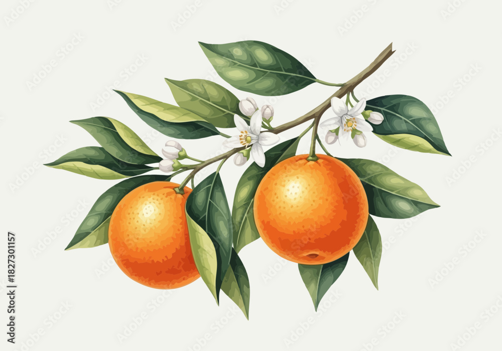 Fototapeta premium Vintage botanical illustration of two ripe oranges with green leaf and white blossom branch