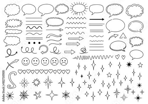 Collection of hand drawn doodle elements like speech bubble, arrow, line, star, and face icon for comic book design