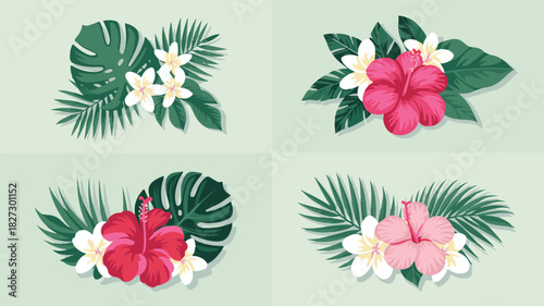 Tropical Floral Arrangements Four Elegant Vector Designs with Hibiscus, Plumeria, and Palm Leaves