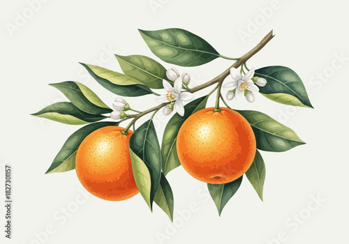 Vintage botanical illustration of two ripe oranges with green leaf and white blossom branch
