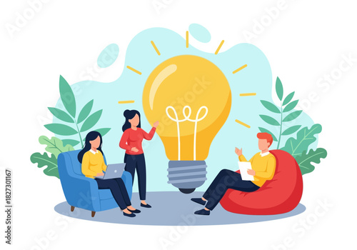 Three diverse business people collaborating around a giant glowing lightbulb symbolizing a great idea, innovation, and teamwork in a modern office setting