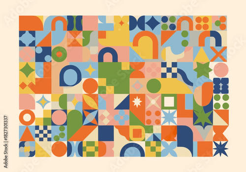 Vibrant abstract geometric pattern background with colorful shapes in retro midcentury modern mosaic style