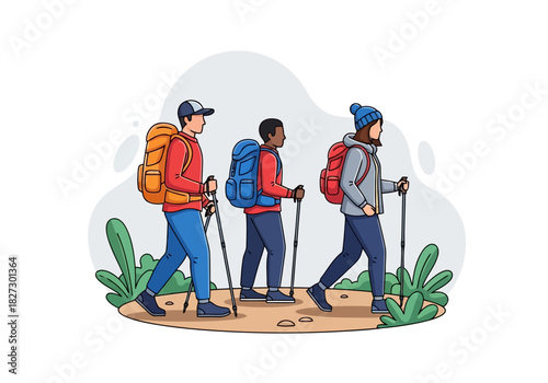 Three diverse hikers with large backpacks and trekking pole walking together on a dirt path through nature illustration