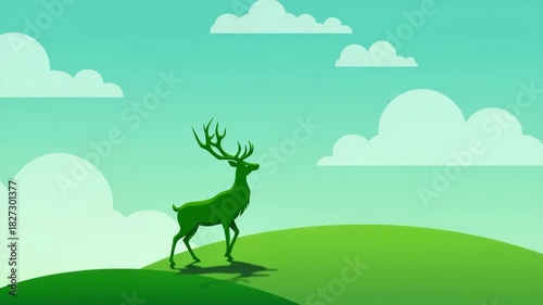 Green deer walking on grassy hill under light blue sky  