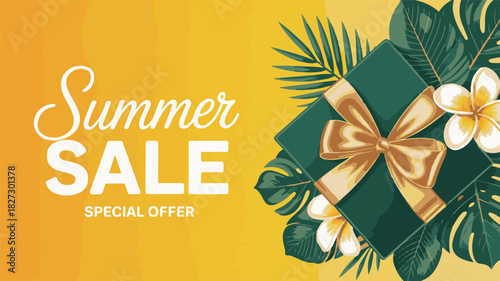 Summer Sale Banner with Gift Box, Tropical Leaves and Flowers for Seasonal Promotions