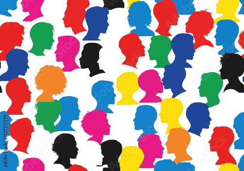 Seamless pattern of colorful human head silhouettes in profile view representing diversity and community