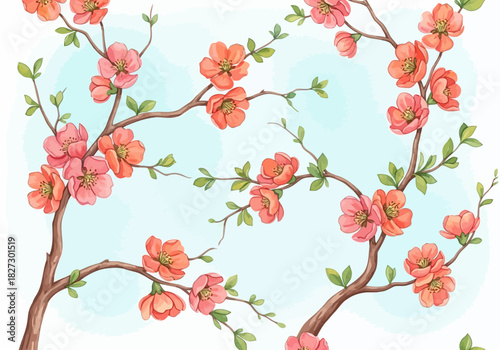 Watercolor painting of delicate pink and orange cherry blossom branch pattern against a soft light blue sky background