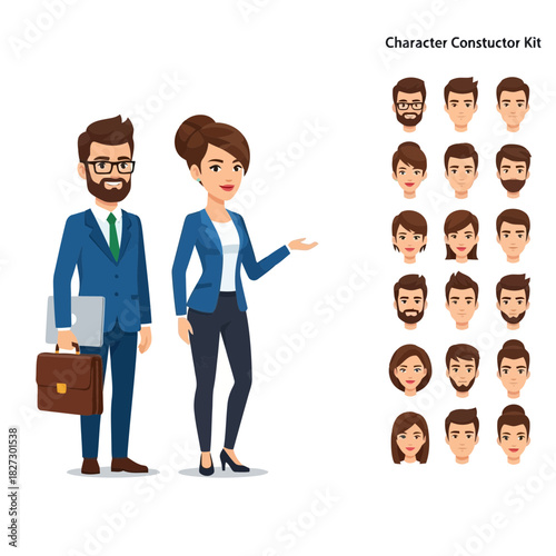 Business character constructor kit with male and female avatar heads variation