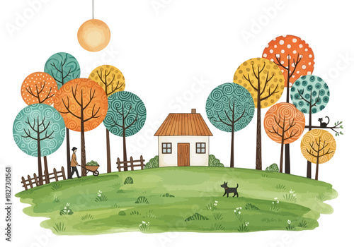 Charming illustration of a small house on a green hill surrounded by colorful, stylized trees with a person gardening and a dog nearby