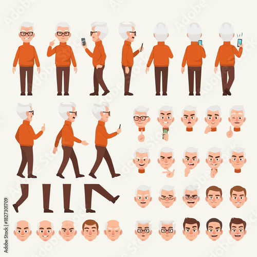 Set of cartoon character creation kit for elderly man with white hair using smartphone
