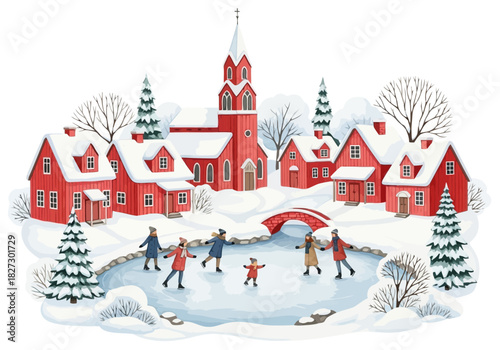 Charming winter village scene with people ice skating on a frozen pond near red wooden houses and a church