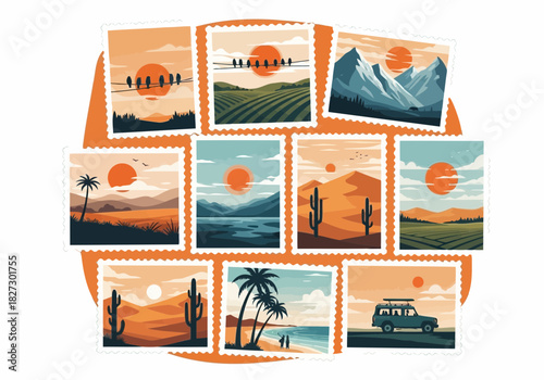 Collection of nine retro postcard style illustrations depicting various landscape scenes at sunset or sunrise, including desert and mountain views