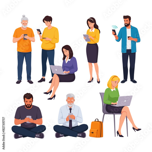 Group of diverse people using modern digital device like smartphone and laptop for communication and work