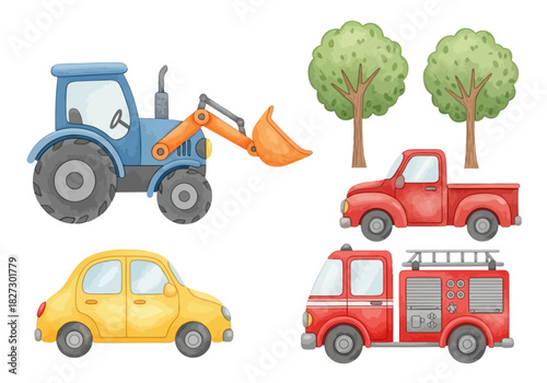 Watercolor illustration set of cute cartoon vehicles including a blue tractor, yellow car, red pickup truck, and fire engine with trees