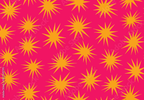 Seamless pattern of bright yellow spiky starburst shapes scattered randomly across a vibrant hot pink background for a festive look