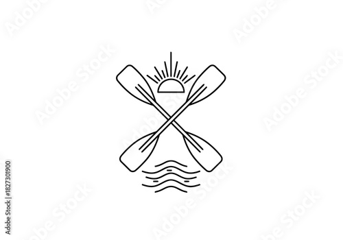 Minimalist line art logo design featuring crossed canoe paddles above stylized water waves and a rising sun