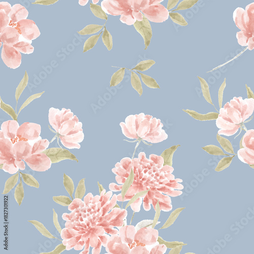 Pastel Dahlia and Rose Watercolor Flower Seamless Pattern