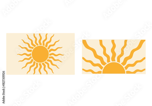 Set of two stylized sun icons with wavy rays in warm orange tone on light beige background