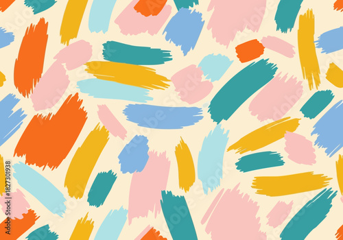 Seamless abstract pattern with colorful hand drawn brush stroke texture on light background for textile design